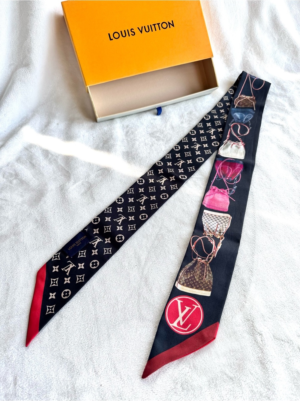 Louis Vuitton Navy & Red Monogram Silk Twilly with Purse Motif Thin Scarf
